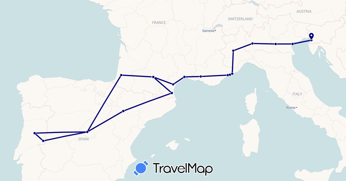 TravelMap itinerary: driving in Spain, France, Italy, Monaco, Portugal (Europe)